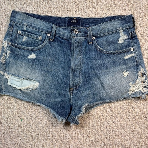 AGOLDE Parker Distressed Denim Shorts Rips Raw Hem Casual Blue Size 28 - Picture 1 of 4